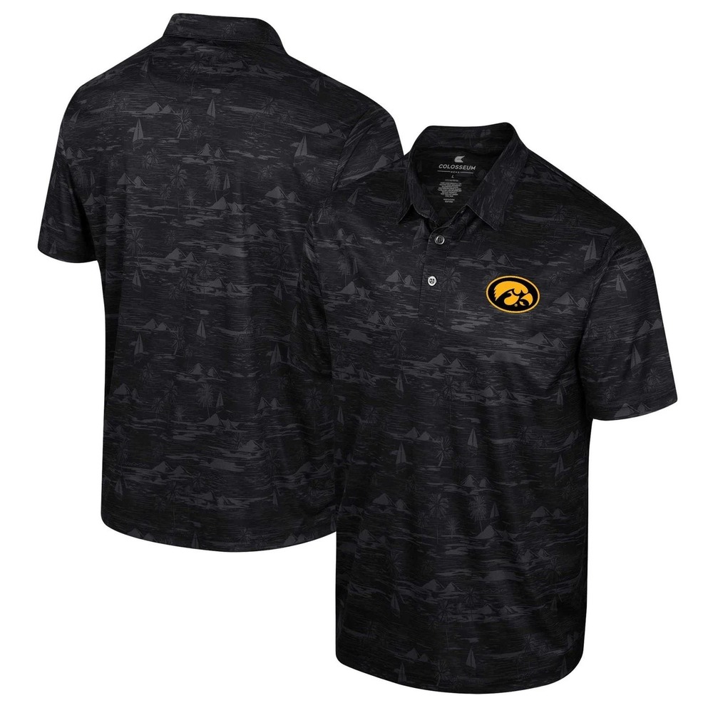 Colosseum Iowa Hawkeyes Mens Polo Shirt Black Tropical Sailboat Print 2XL NWOT